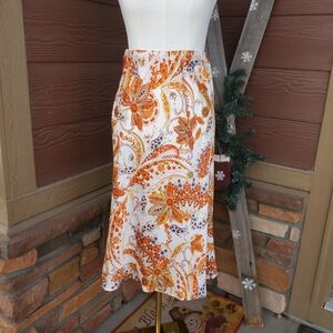 Halogen White & Orange Floral Paisley Women's Lightweight Midi Skirt Size XS